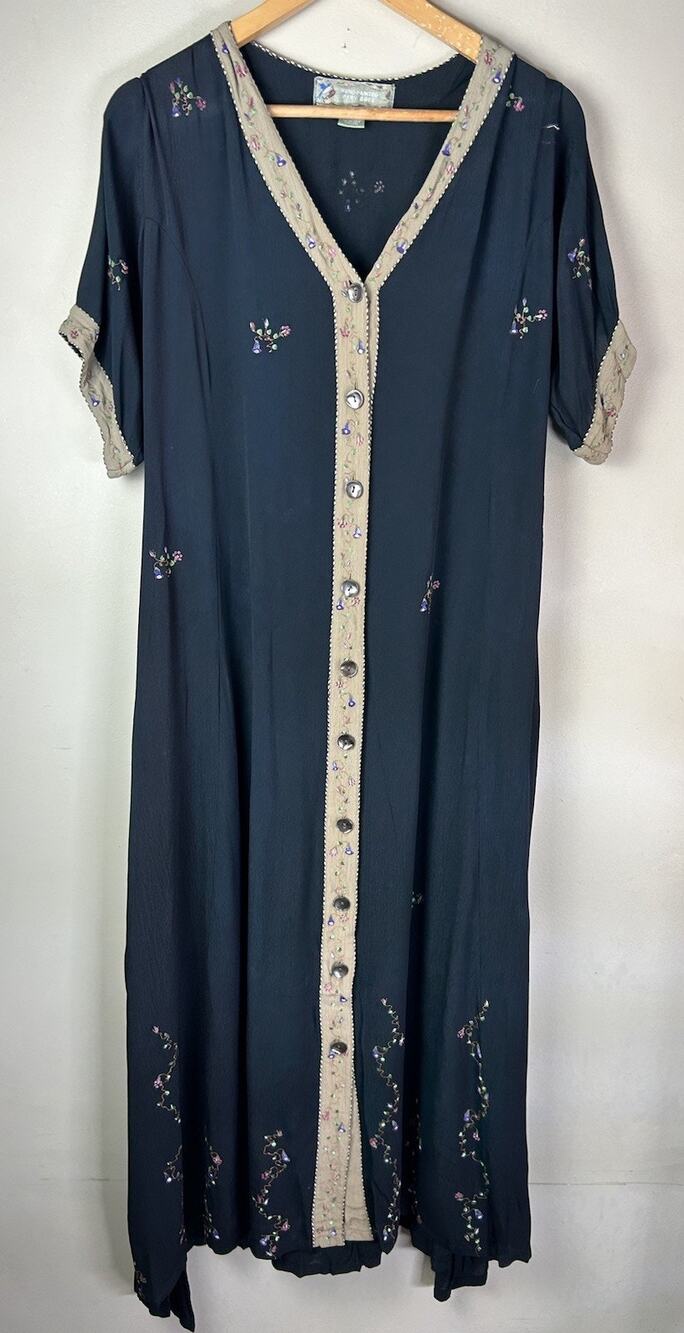 VTG Papy Boez Handpainted Cottagecore Floral Rayon Dress Sz M/L Blue Prairie